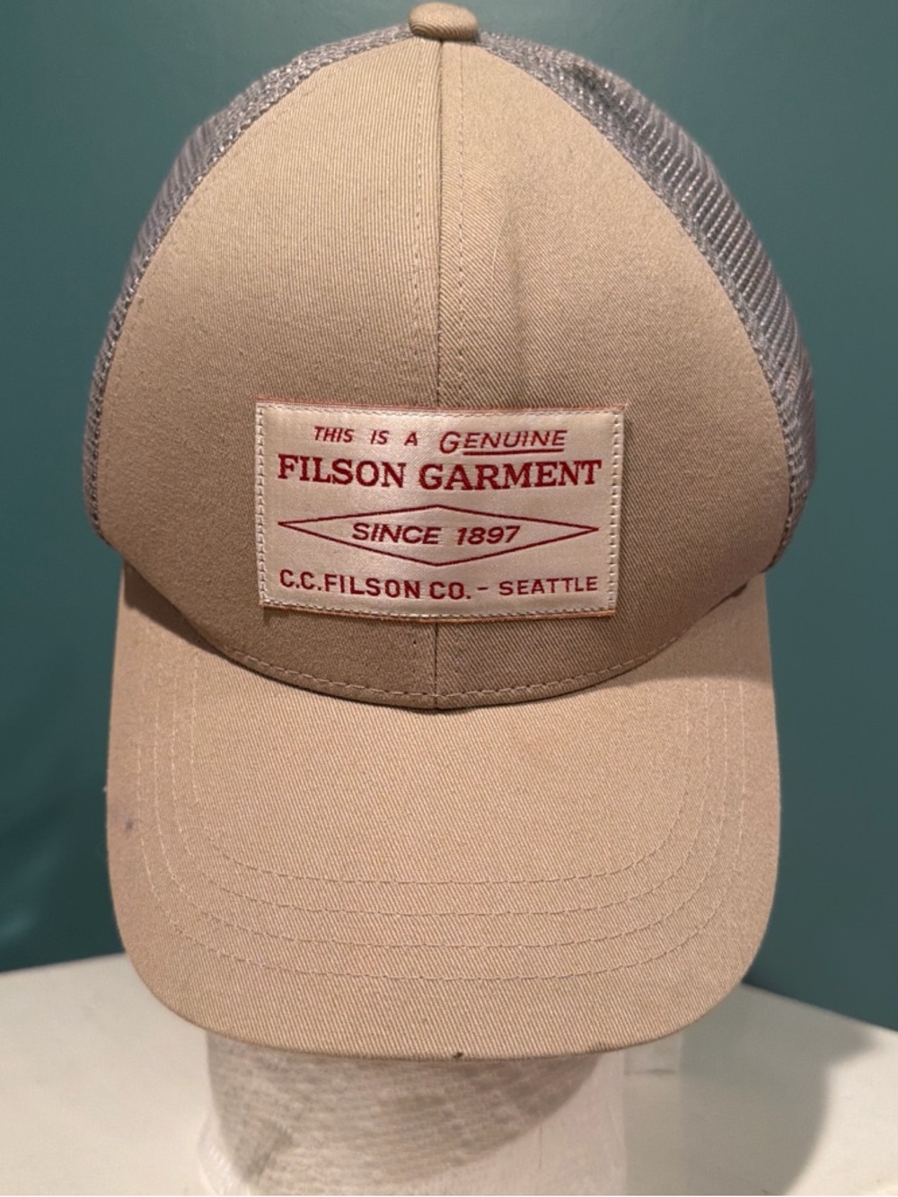 Filson Tan and Gray Mesh Trucker Hat with Red Logo Patch